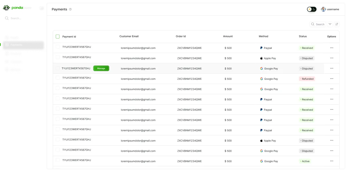 payment dashboard